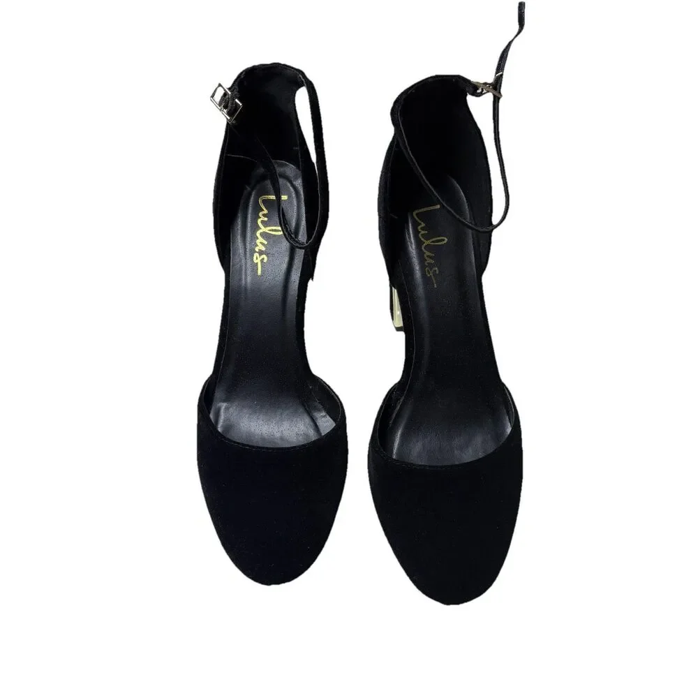 Lulus Black Suede Shoes Gold Accent Block 4